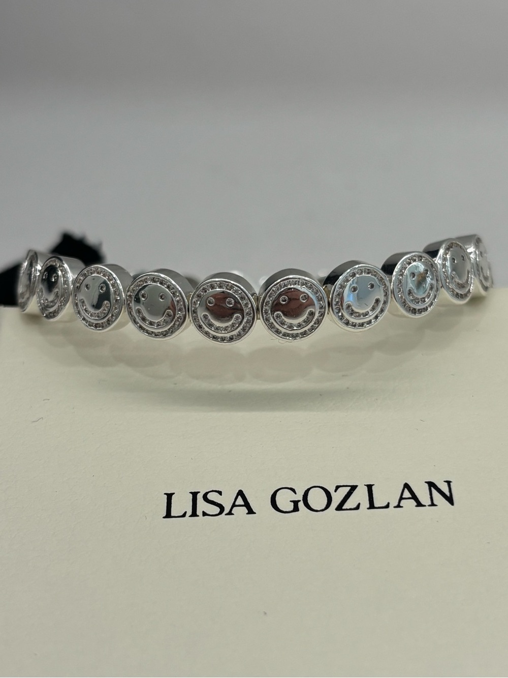 Lisa Gozlan Silver Bezel CZ Smiley Face Elastic Tennis Bracelet 8”